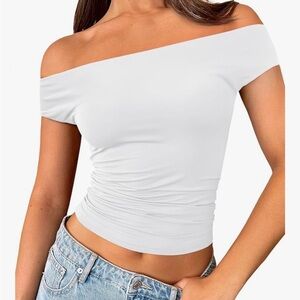 Trendy Queen Off The Shoulder Top Y2K Summer Shirts Double Lined White Large